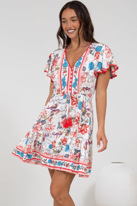 Loisa Mini Dress - Crochet Trim V Neck Dress with Cap Sleeves in Safia Print