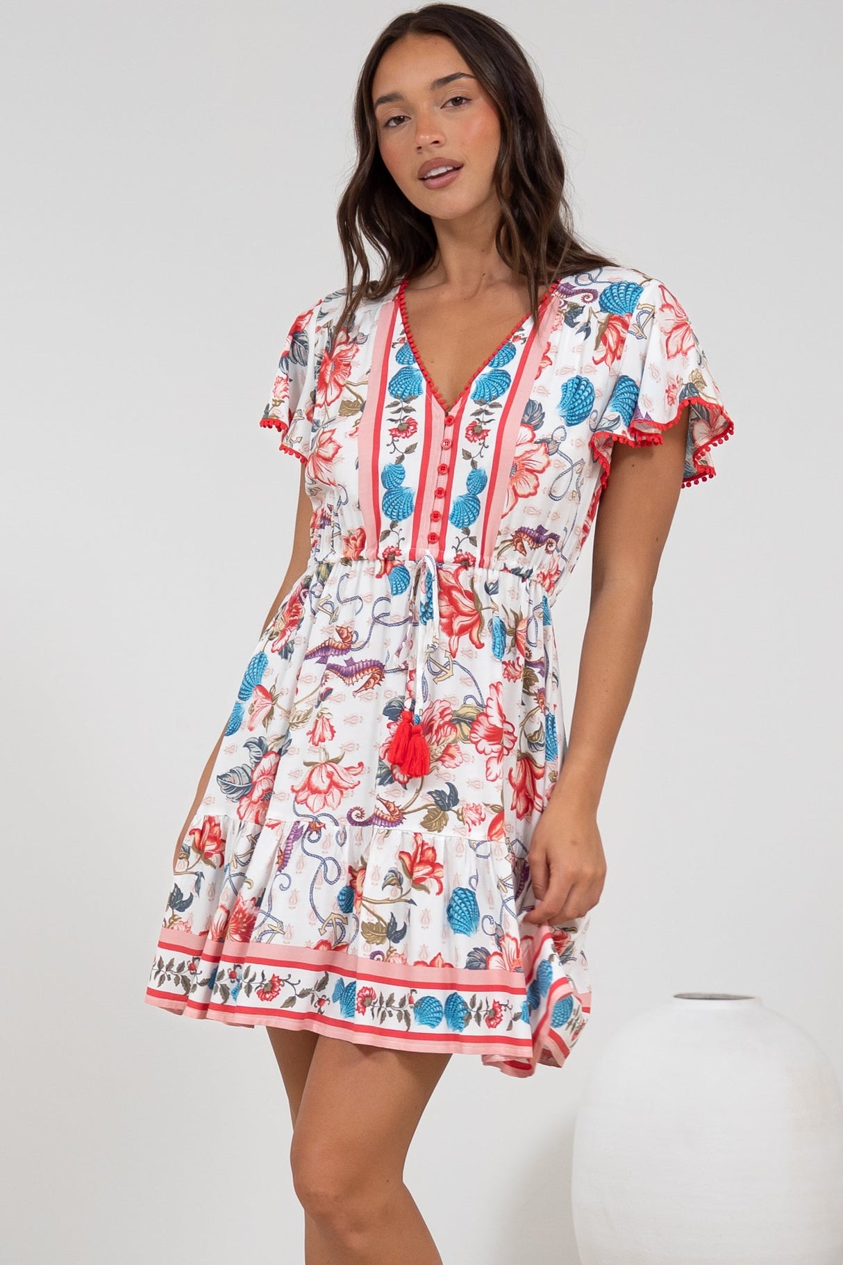 Loisa Mini Dress - Crochet Trim V Neck Dress with Cap Sleeves in Safia Print