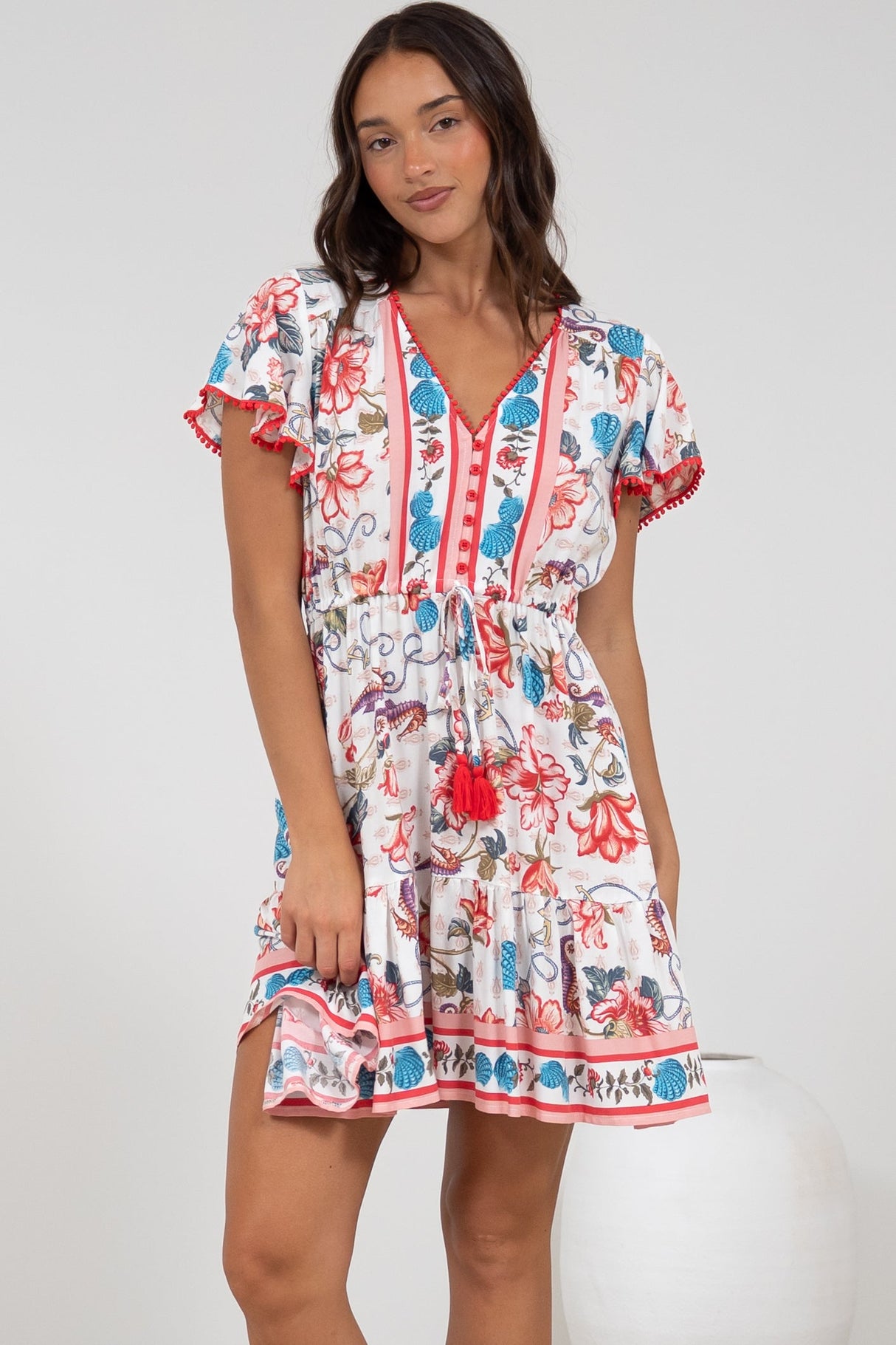 Loisa Mini Dress - Crochet Trim V Neck Dress with Cap Sleeves in Safia Print