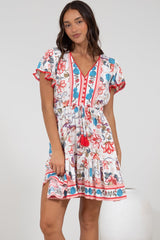 Loisa Mini Dress - Crochet Trim V Neck Dress with Cap Sleeves in Safia Print