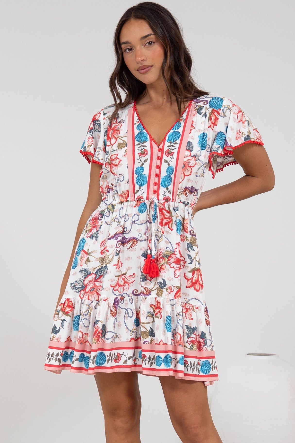 Loisa Mini Dress - Crochet Trim V Neck Dress with Cap Sleeves in Safia Print