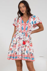 Loisa Mini Dress - Crochet Trim V Neck Dress with Cap Sleeves in Safia Print
