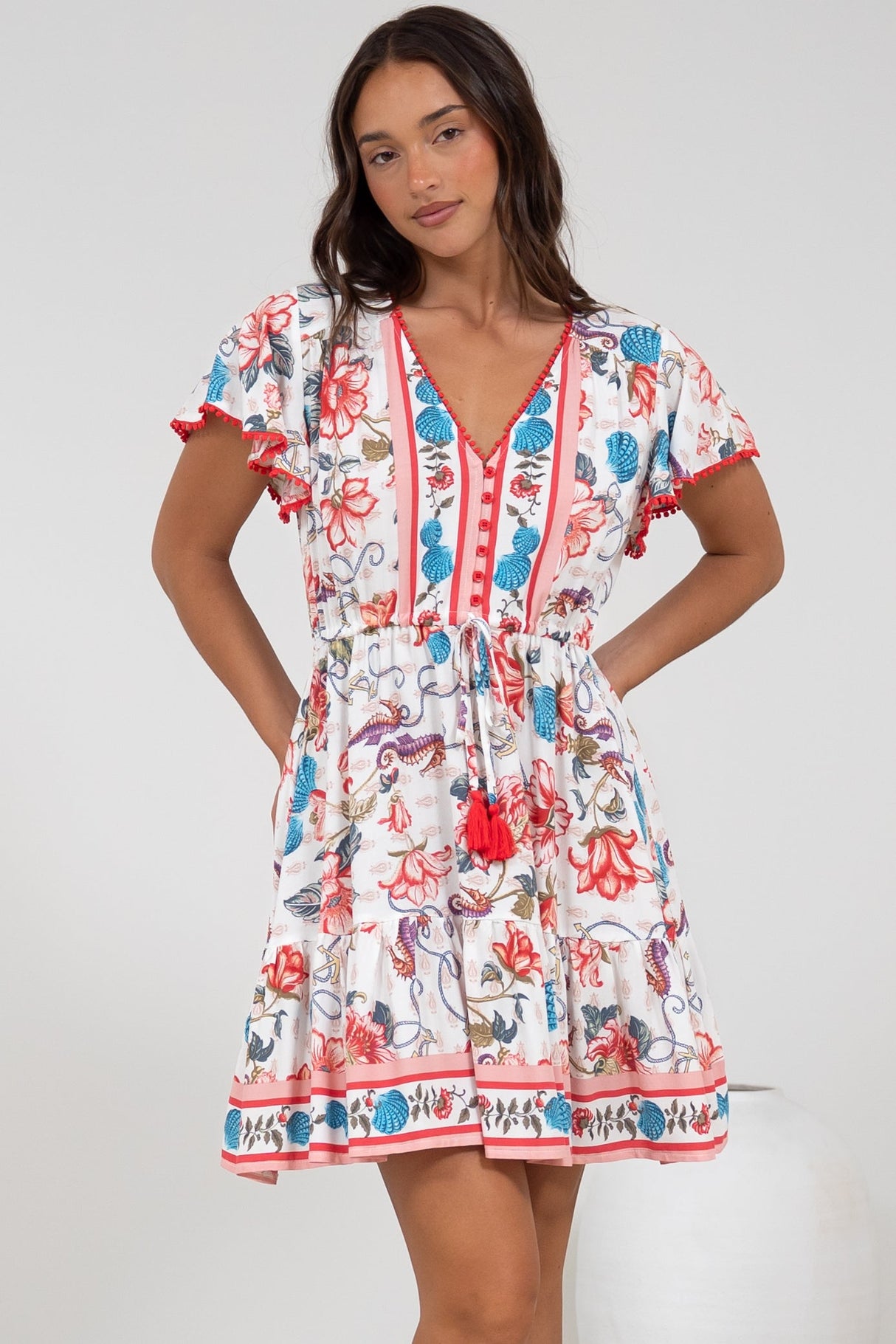 Loisa Mini Dress - Crochet Trim V Neck Dress with Cap Sleeves in Safia Print