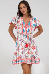 Loisa Mini Dress - Crochet Trim V Neck Dress with Cap Sleeves in Safia Print