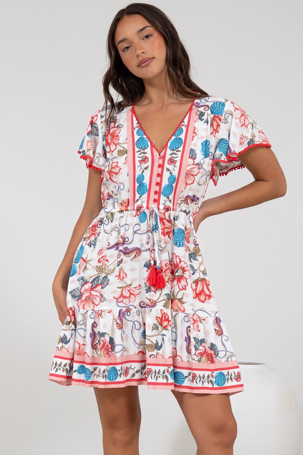 Loisa Mini Dress - Crochet Trim V Neck Dress with Cap Sleeves in Safia Print