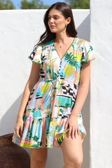 Loisa Mini Dress - Crochet Trim V Neck Dress with Cap Sleeves in Melora Print