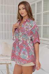 JAASE - Lola Shirt: High-Low Button Down Shirt in Daiquiri Print