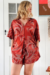 Charlie Shorts - Elasticated High Waist Short with Scoop Hem and Pockets in Hibiscus Print