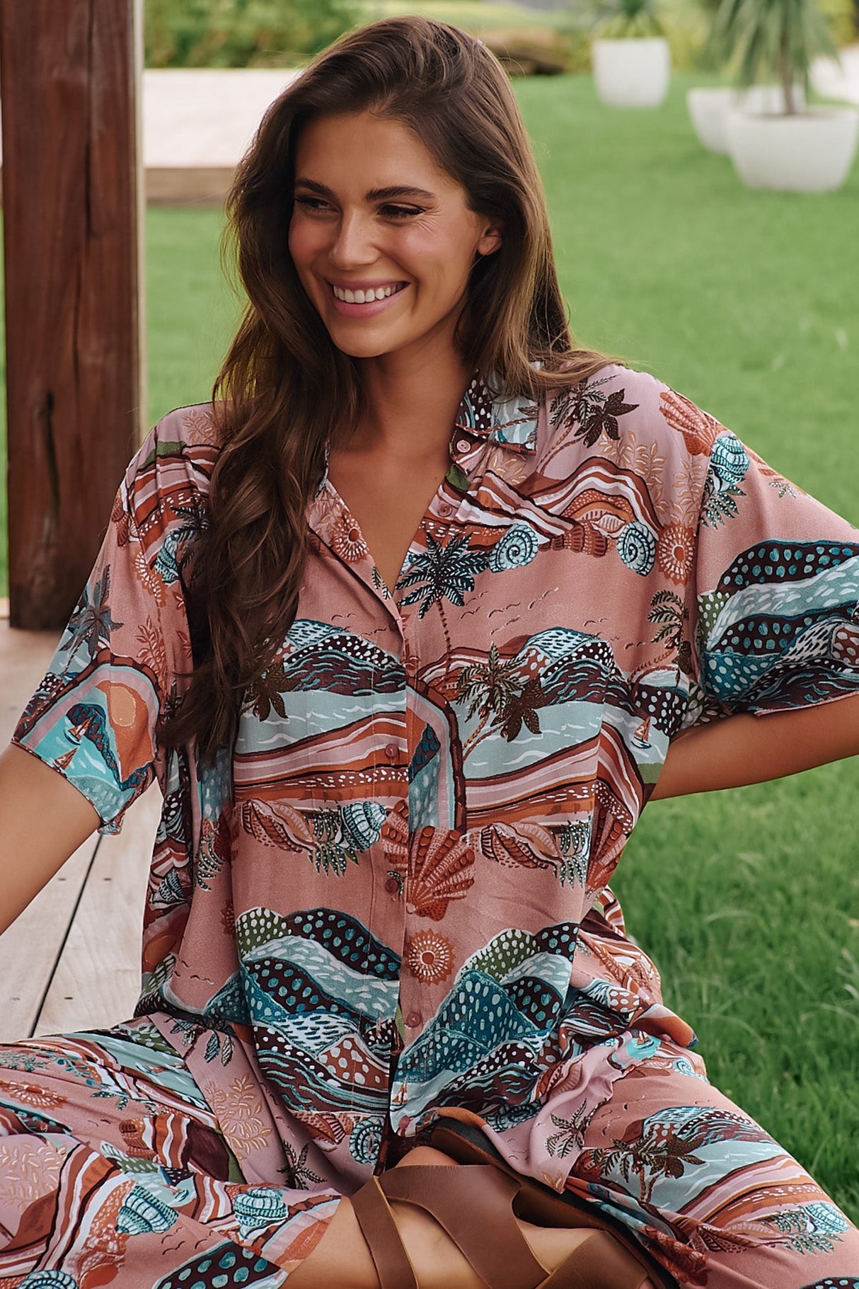 JAASE - Lola Shirt: High-Low Button Down Shirt in Lakeside Serenity Print