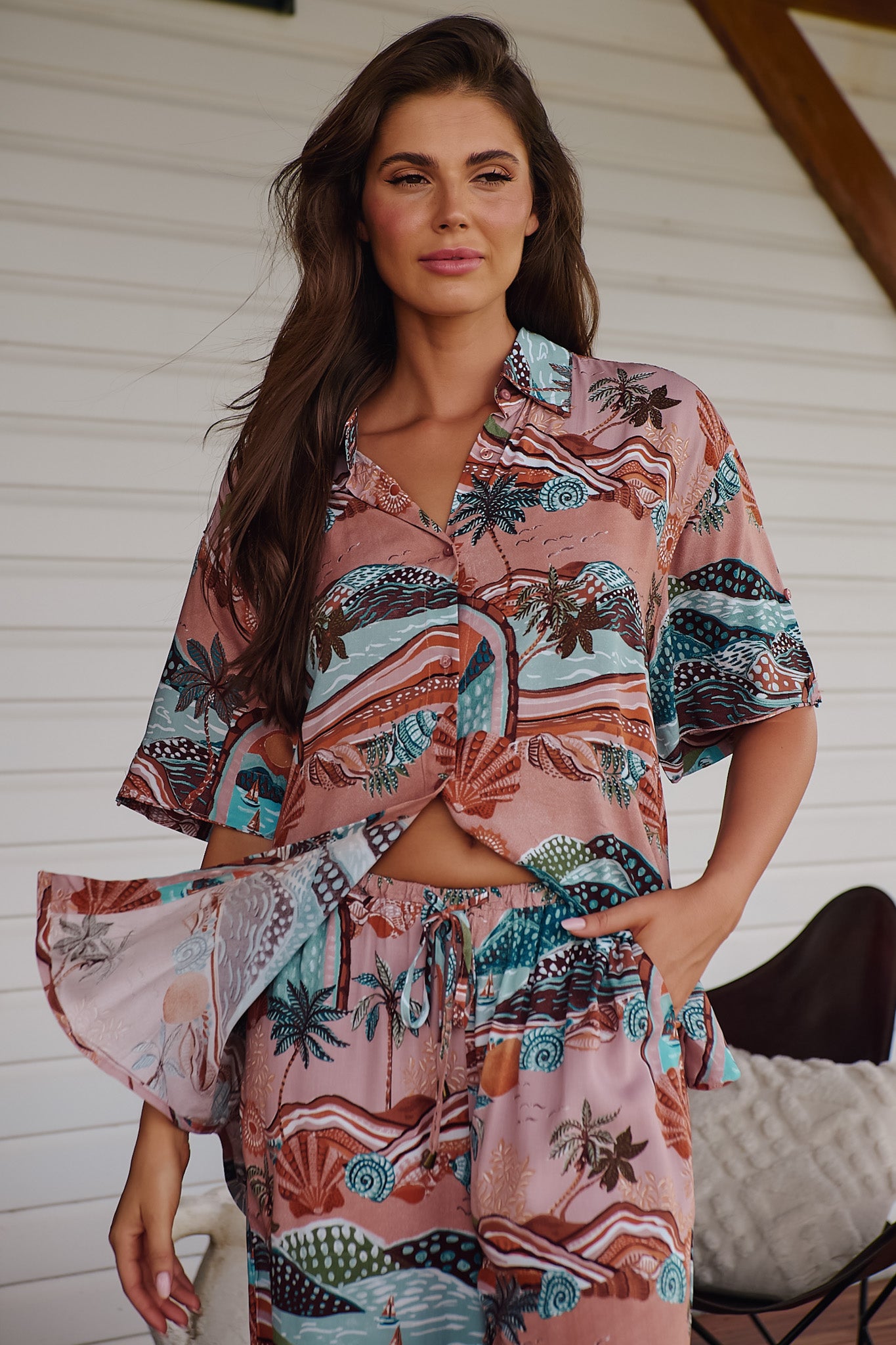 JAASE - Lola Shirt: High-Low Button Down Shirt in Lakeside Serenity Print