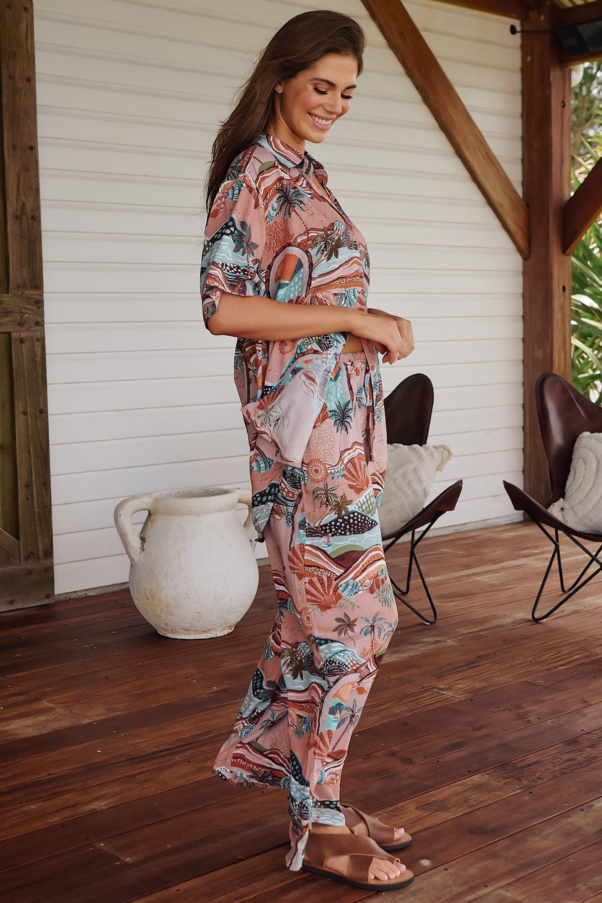 JAASE - Cici Pants: Mid Rise Relaxed Wide Leg Pant in Lakeside Serenity Print