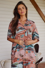 JAASE - Lola Shirt: High-Low Button Down Shirt in Lakeside Serenity Print