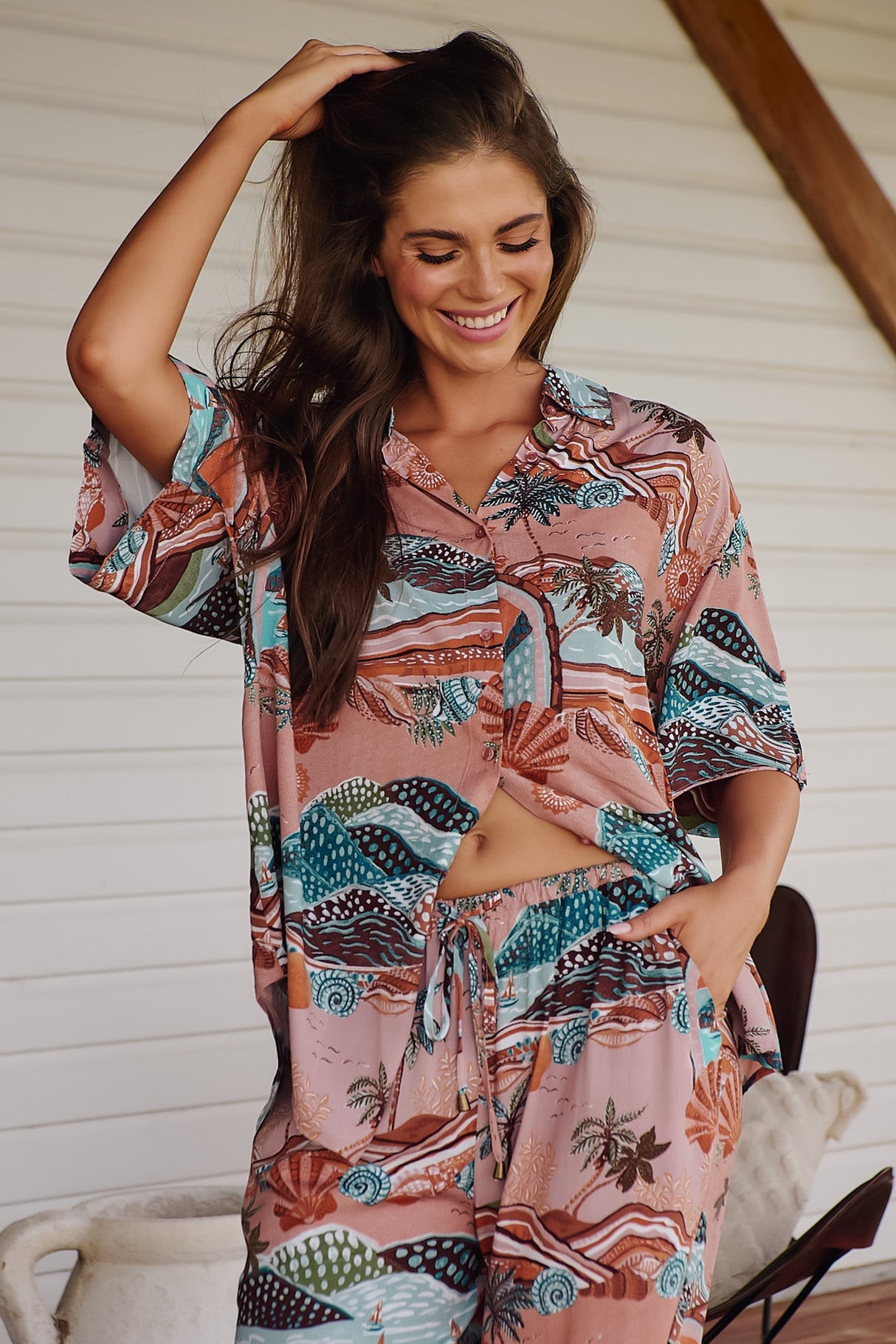 JAASE - Lola Shirt: High-Low Button Down Shirt in Lakeside Serenity Print