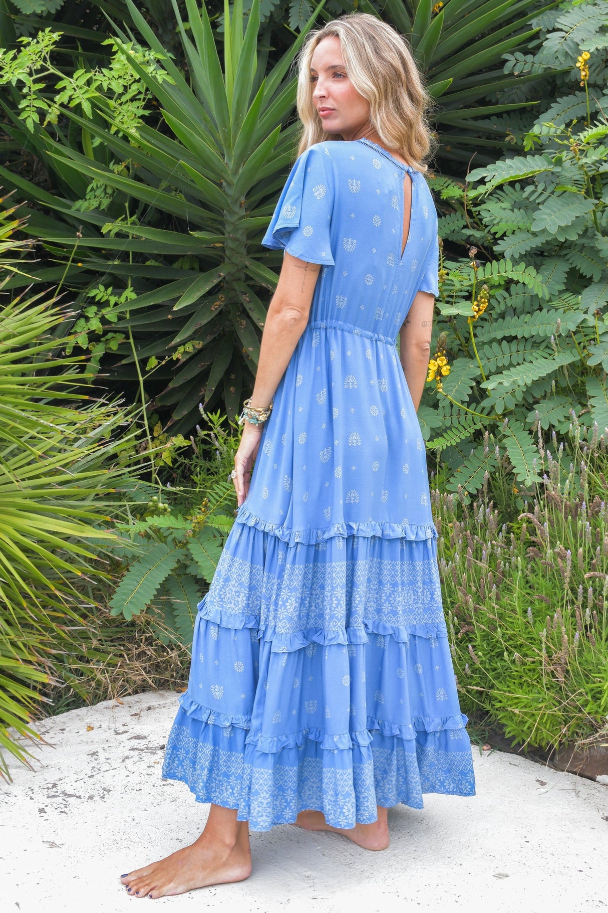 JAASE - Lolana Maxi Dress: V-Neck Tiered Dress with Pull Tie Waist in Azure Sky Print