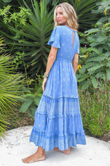 JAASE - Lolana Maxi Dress: V-Neck Tiered Dress with Pull Tie Waist in Azure Sky Print