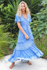 JAASE - Lolana Maxi Dress: V-Neck Tiered Dress with Pull Tie Waist in Azure Sky Print