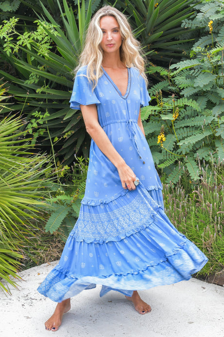 JAASE - Lolana Maxi Dress: V-Neck Tiered Dress with Pull Tie Waist in Azure Sky Print