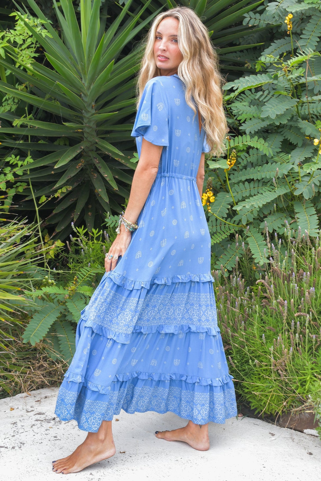 JAASE - Lolana Maxi Dress: V-Neck Tiered Dress with Pull Tie Waist in Azure Sky Print