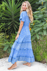 JAASE - Lolana Maxi Dress: V-Neck Tiered Dress with Pull Tie Waist in Azure Sky Print