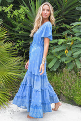 JAASE - Lolana Maxi Dress: V-Neck Tiered Dress with Pull Tie Waist in Azure Sky Print