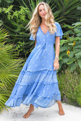 JAASE - Lolana Maxi Dress: V-Neck Tiered Dress with Pull Tie Waist in Azure Sky Print