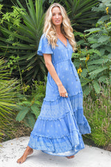 JAASE - Lolana Maxi Dress: V-Neck Tiered Dress with Pull Tie Waist in Azure Sky Print