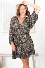 Lolla Mini Dress - V Neck Button Down with Matching Waist Tie Dress in Iris Print Black