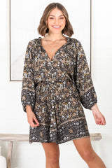 Lolla Mini Dress - V Neck Button Down with Matching Waist Tie Dress in Iris Print Black