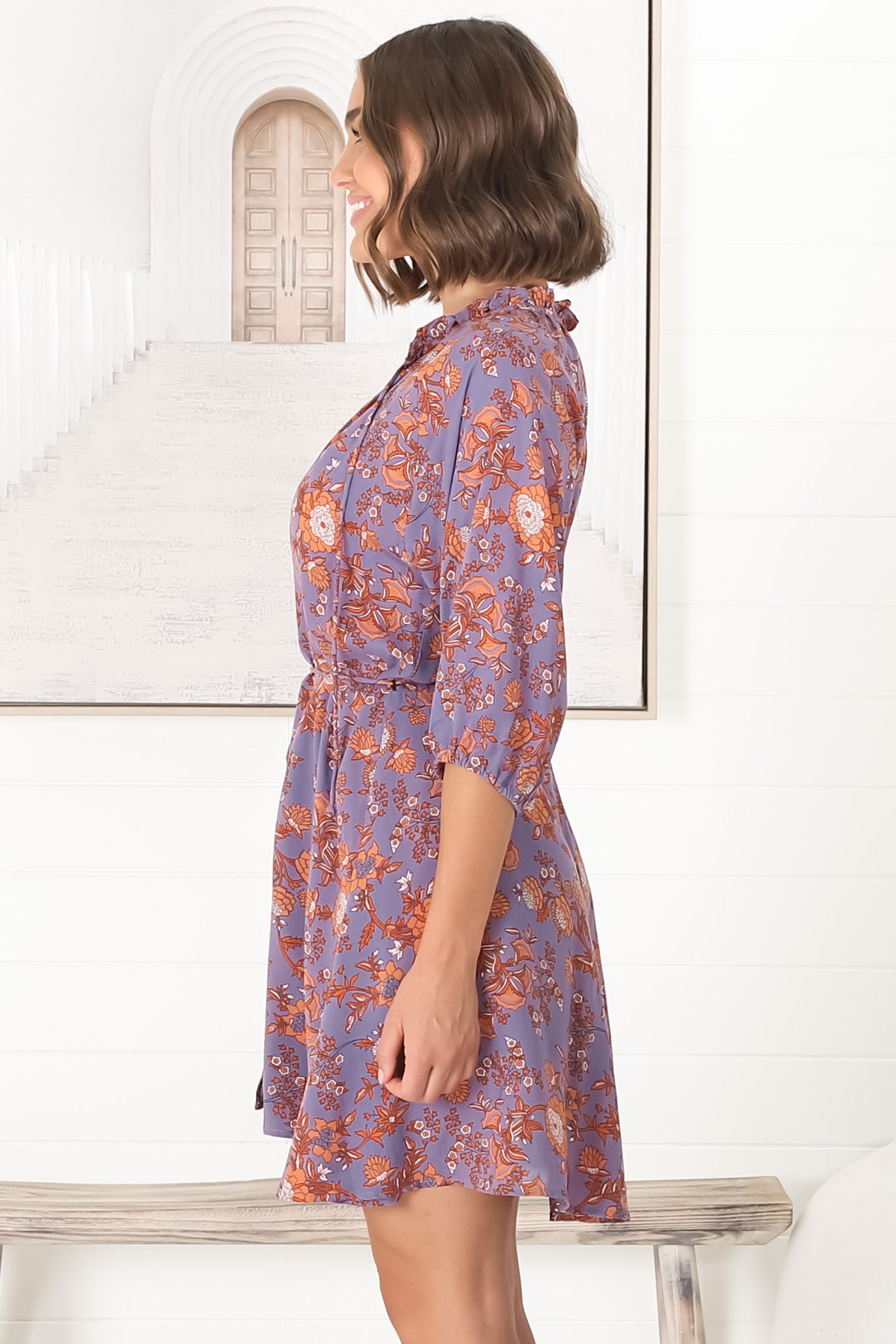 Lolla Mini Dress - V Neck Button Down with Matching Waist Tie Dress in Lori Print