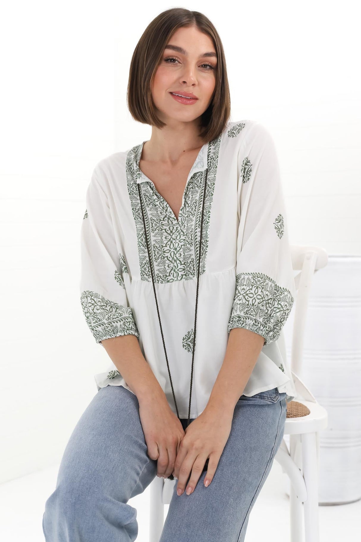 Loma Blouse - Pull Over Balloon Sleeve Smock in Abba Print Cream