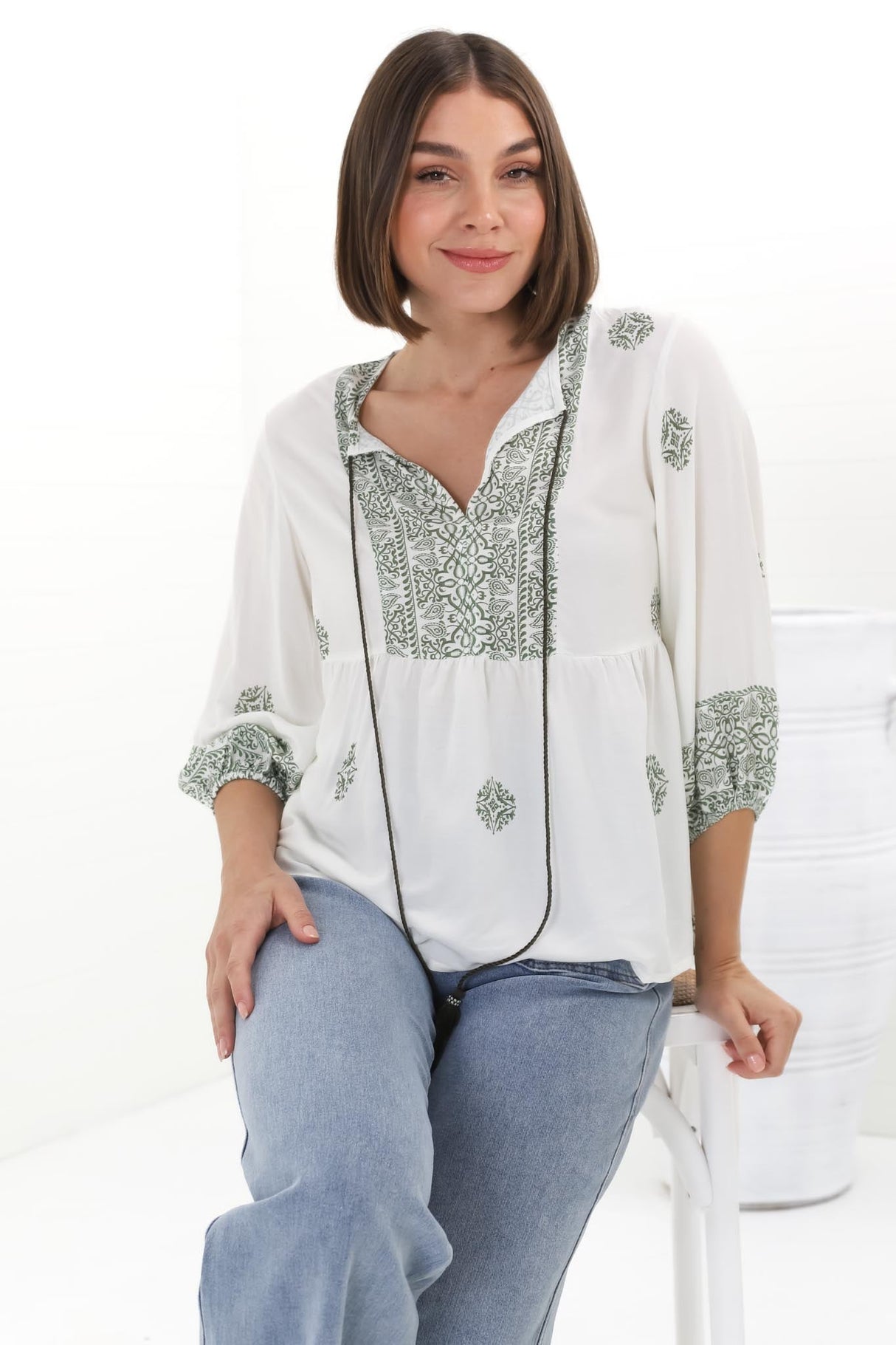 Loma Blouse - Pull Over Balloon Sleeve Smock in Abba Print Cream