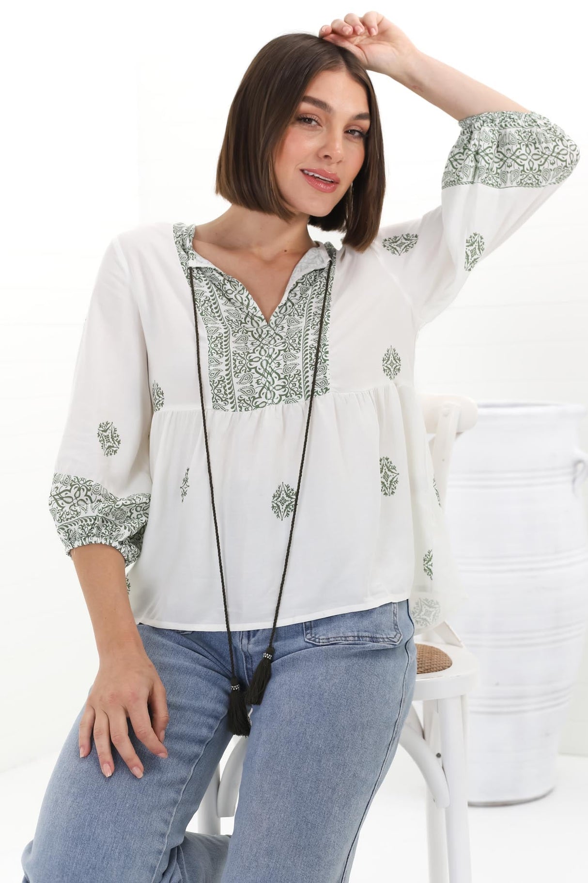 Loma Blouse - Pull Over Balloon Sleeve Smock in Abba Print Cream