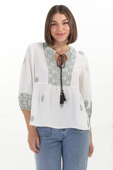 Loma Blouse - Pull Over Balloon Sleeve Smock in Abba Print in Cream