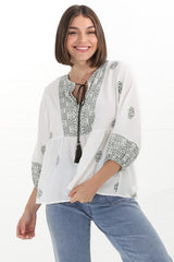 Loma Blouse - Pull Over Balloon Sleeve Smock in Abba Print in Cream