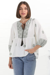 Loma Blouse - Pull Over Balloon Sleeve Smock in Abba Print in Cream