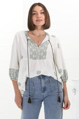 Loma Blouse - Pull Over Balloon Sleeve Smock in Abba Print in Cream