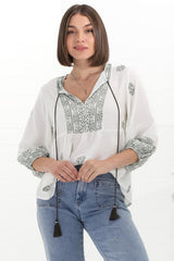 Loma Blouse - Pull Over Balloon Sleeve Smock in Abba Print in Cream