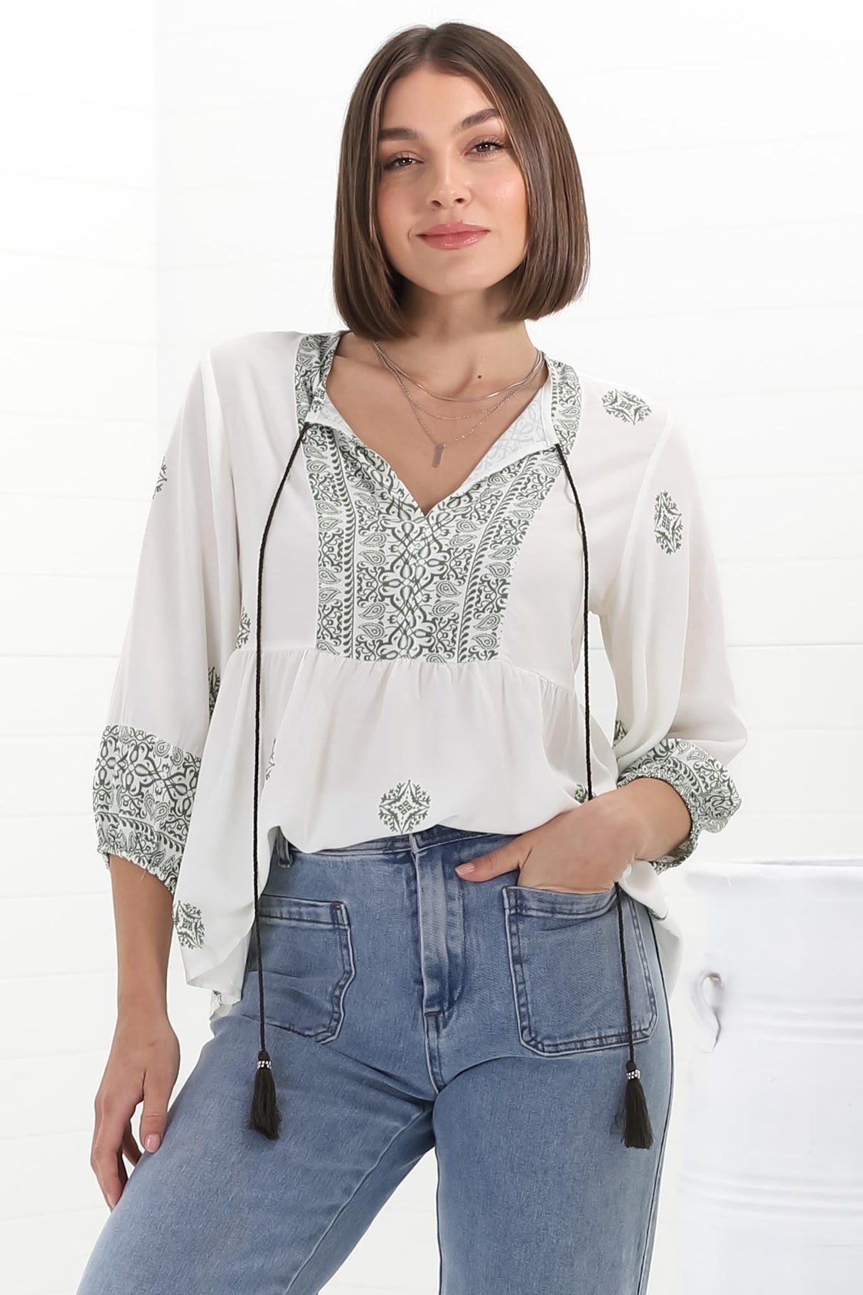 Loma Blouse - Pull Over Balloon Sleeve Smock in Abba Print in Cream