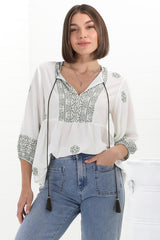 Loma Blouse - Pull Over Balloon Sleeve Smock in Abba Print Cream