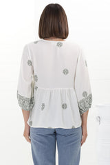 Loma Blouse - Pull Over Balloon Sleeve Smock in Abba Print in Cream