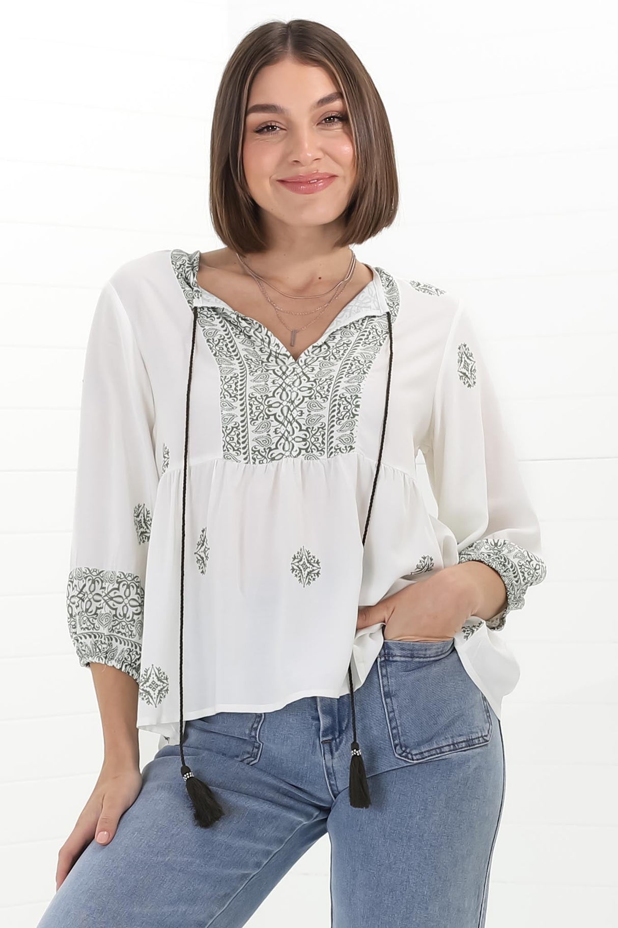 Loma Blouse - Pull Over Balloon Sleeve Smock in Abba Print in Cream