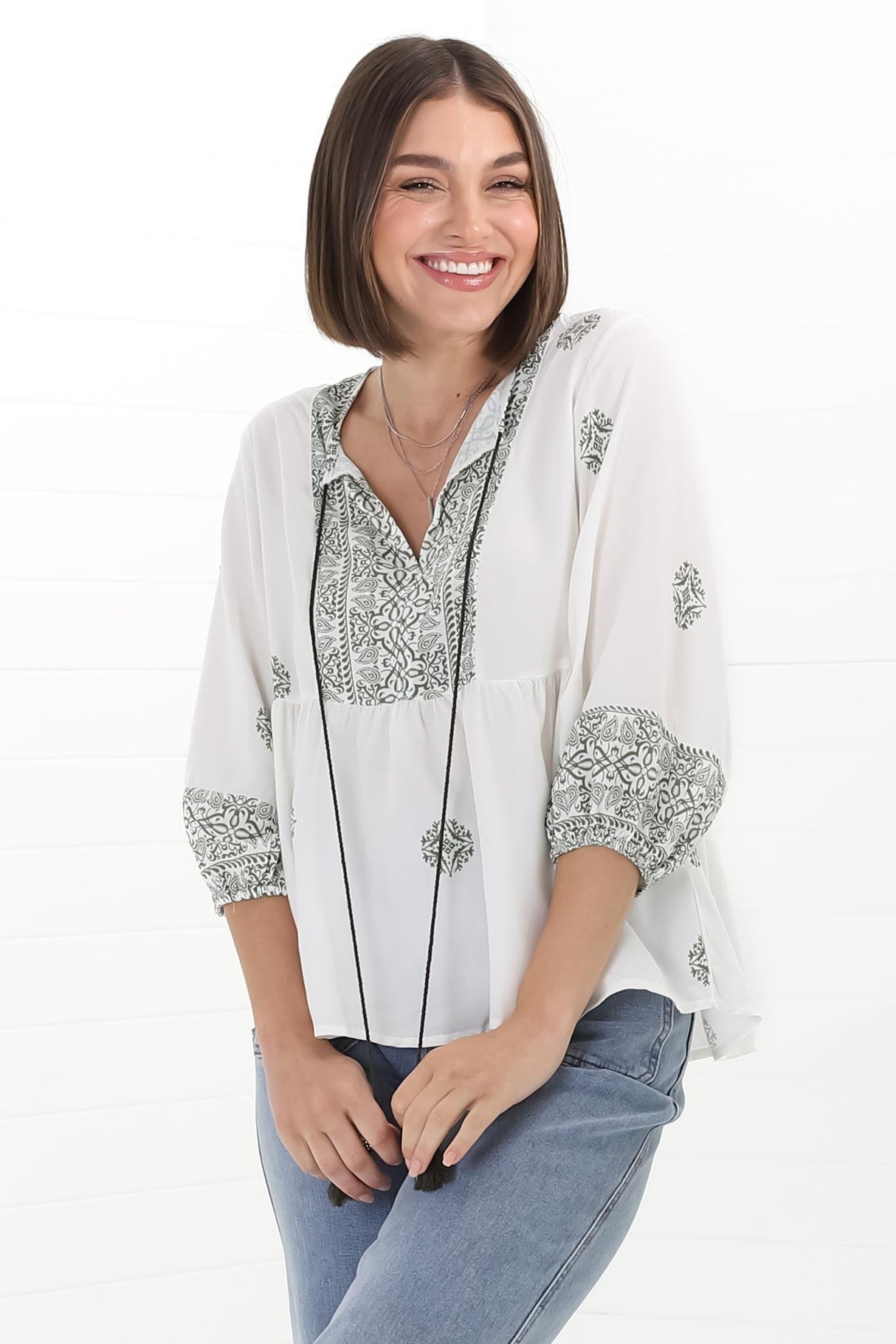 Loma Blouse - Pull Over Balloon Sleeve Smock in Abba Print in Cream