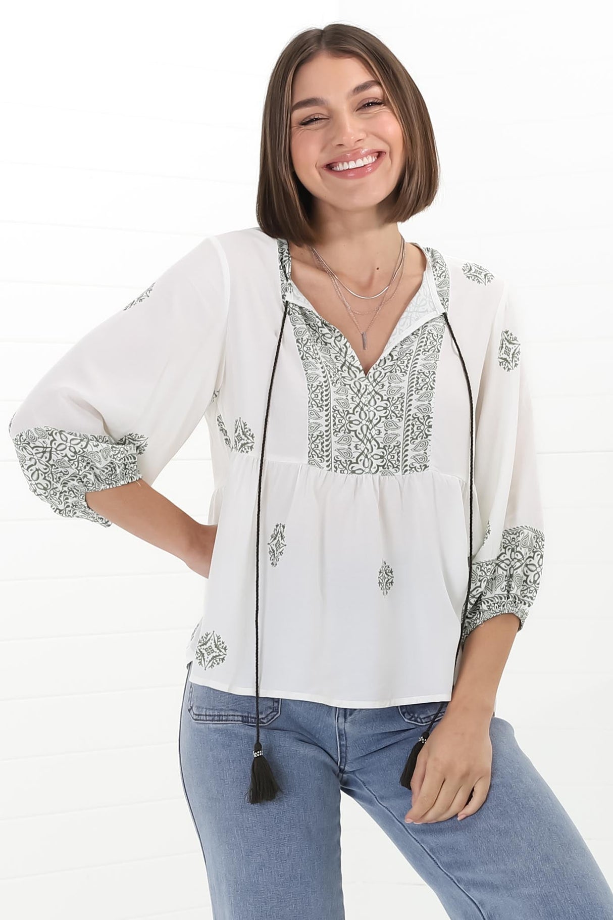 Loma Blouse - Pull Over Balloon Sleeve Smock in Abba Print Cream