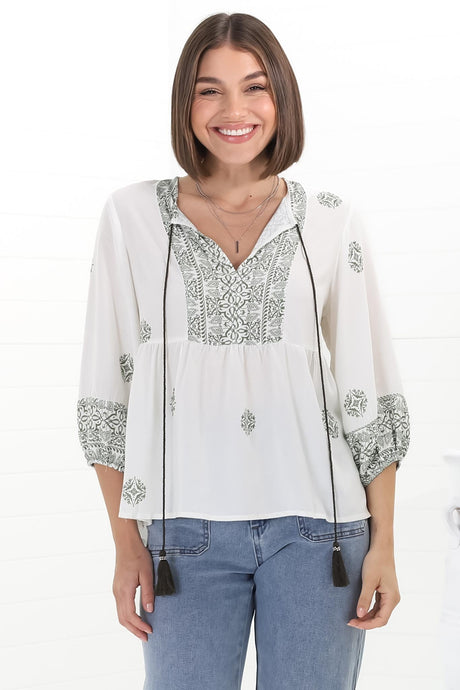 Loma Blouse - Pull Over Balloon Sleeve Smock in Abba Print in Cream