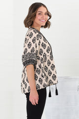 Loma Blouse - Pull Over Balloon Sleeve Smock in Aida Print Cream