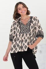 Loma Blouse - Pull Over Balloon Sleeve Smock in Aida Print Cream