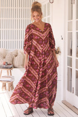 London Maxi Dress - Balloon Sleeve Shift Dress in Savanna Print