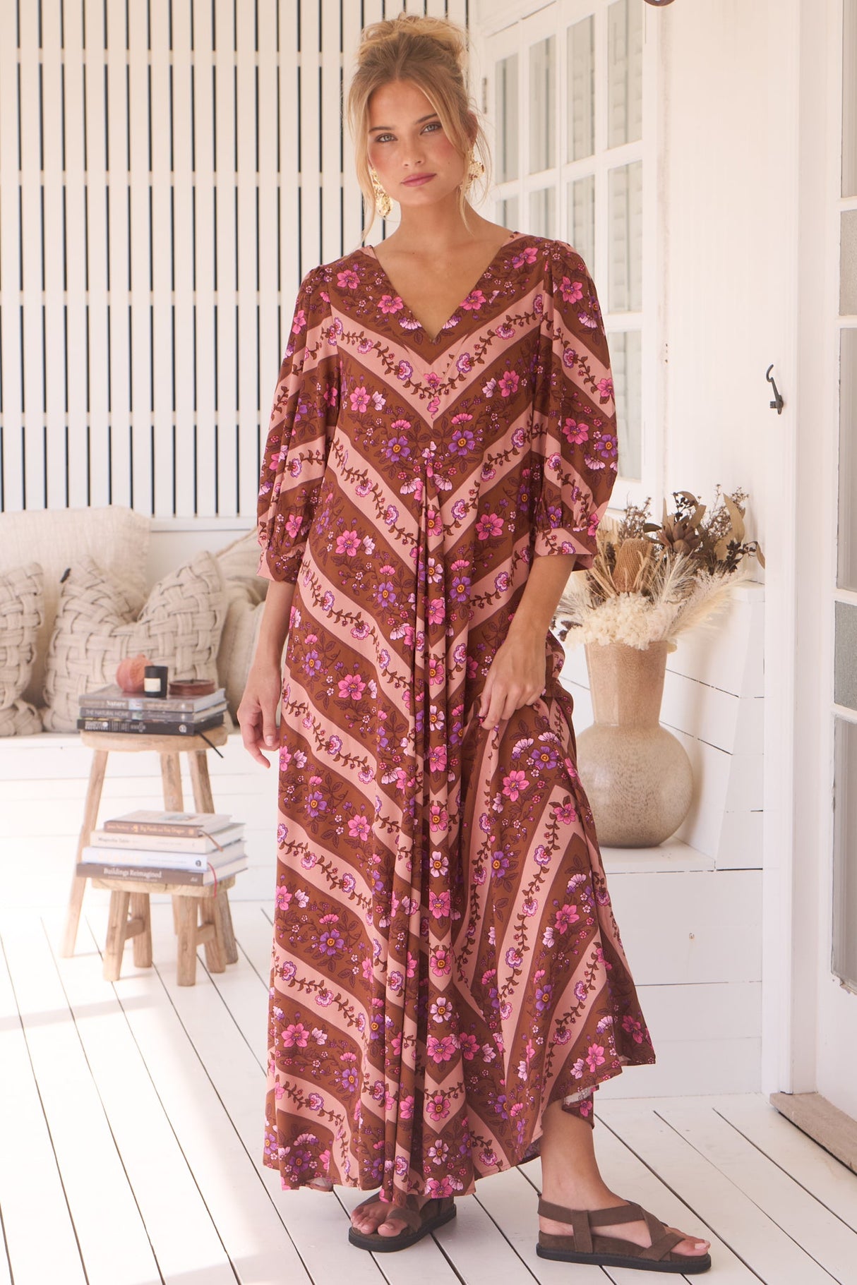 London Maxi Dress - Balloon Sleeve Shift Dress in Savanna Print