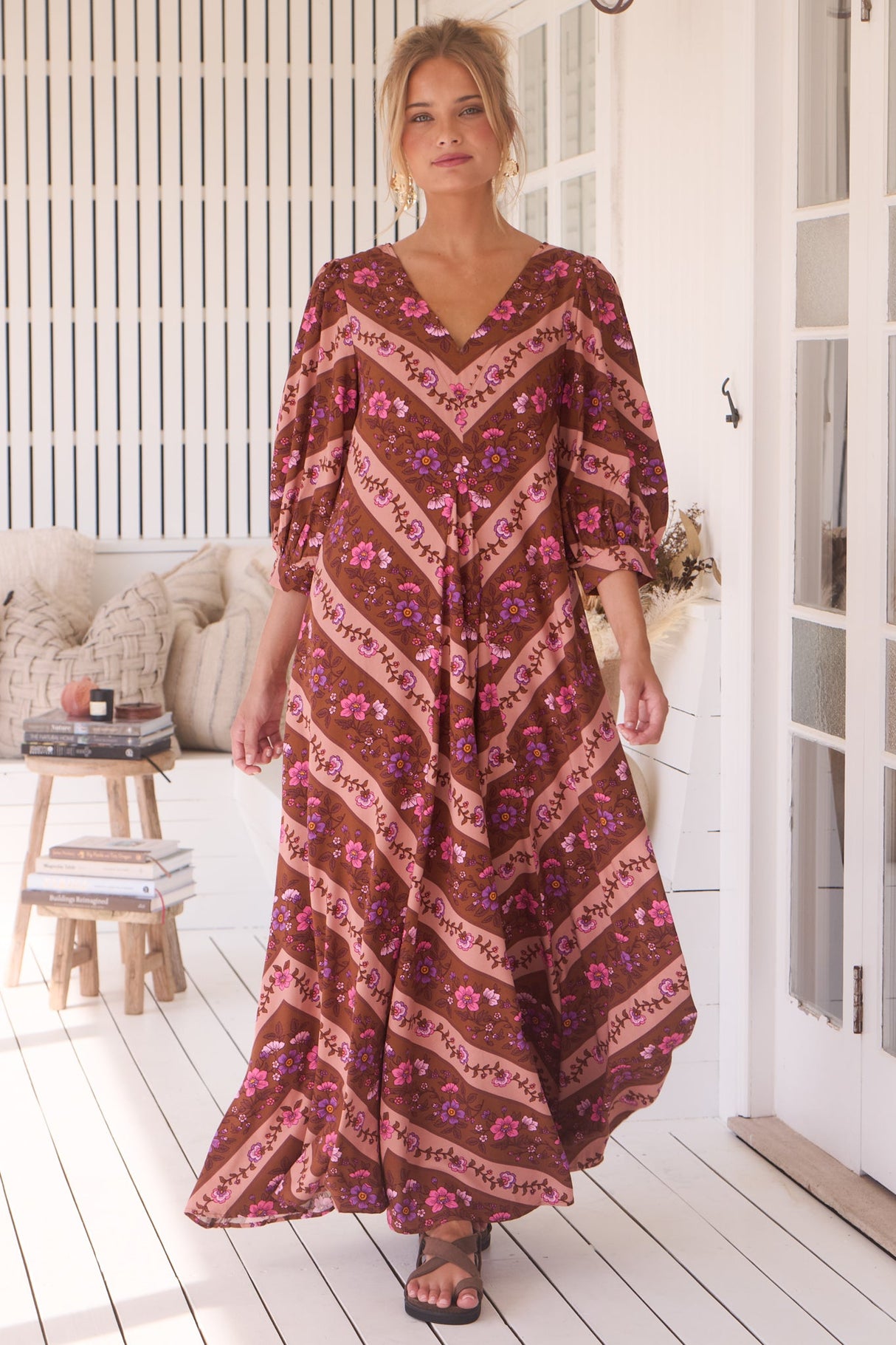 London Maxi Dress - Balloon Sleeve Shift Dress in Savanna Print