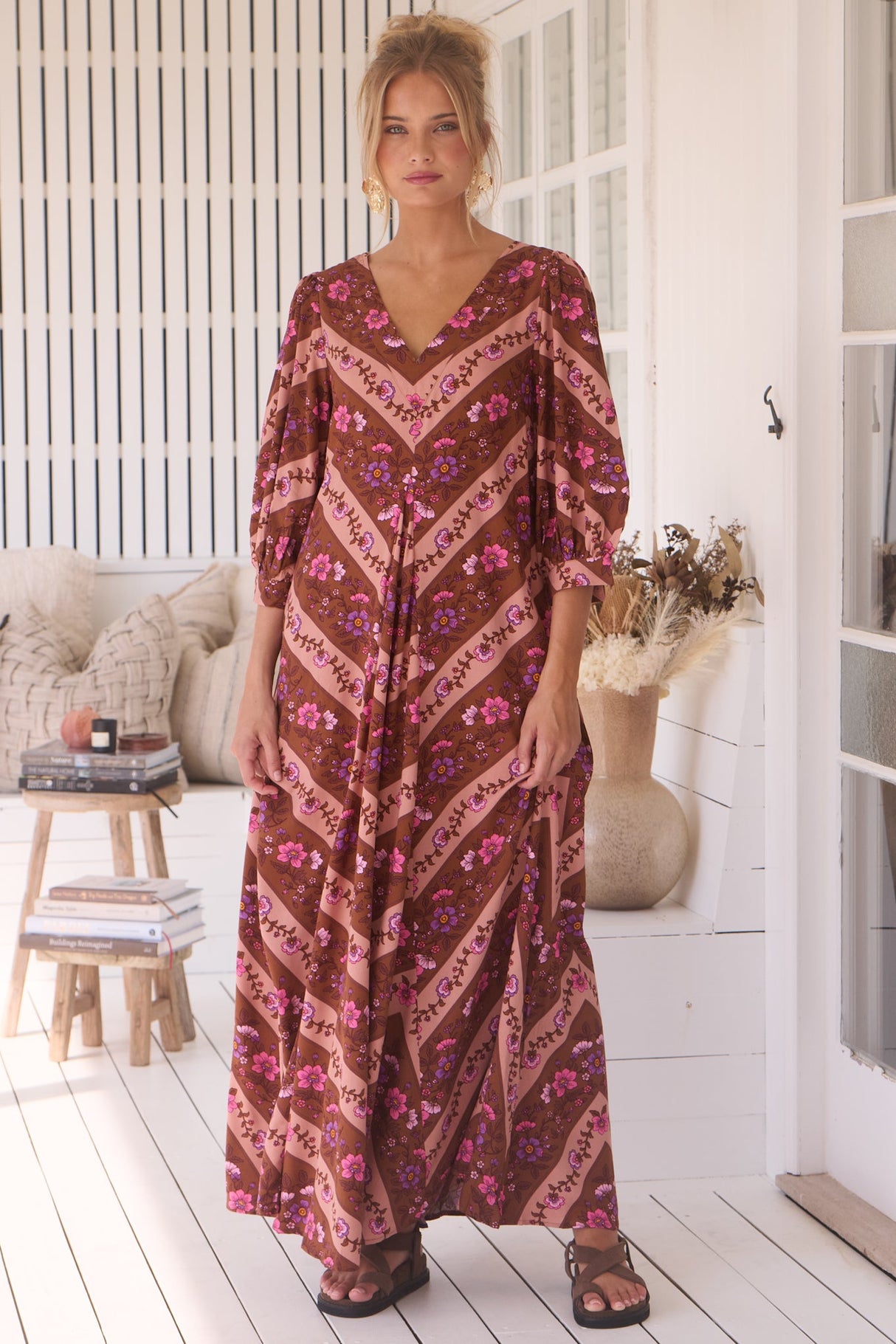 London Maxi Dress - Balloon Sleeve Shift Dress in Savanna Print